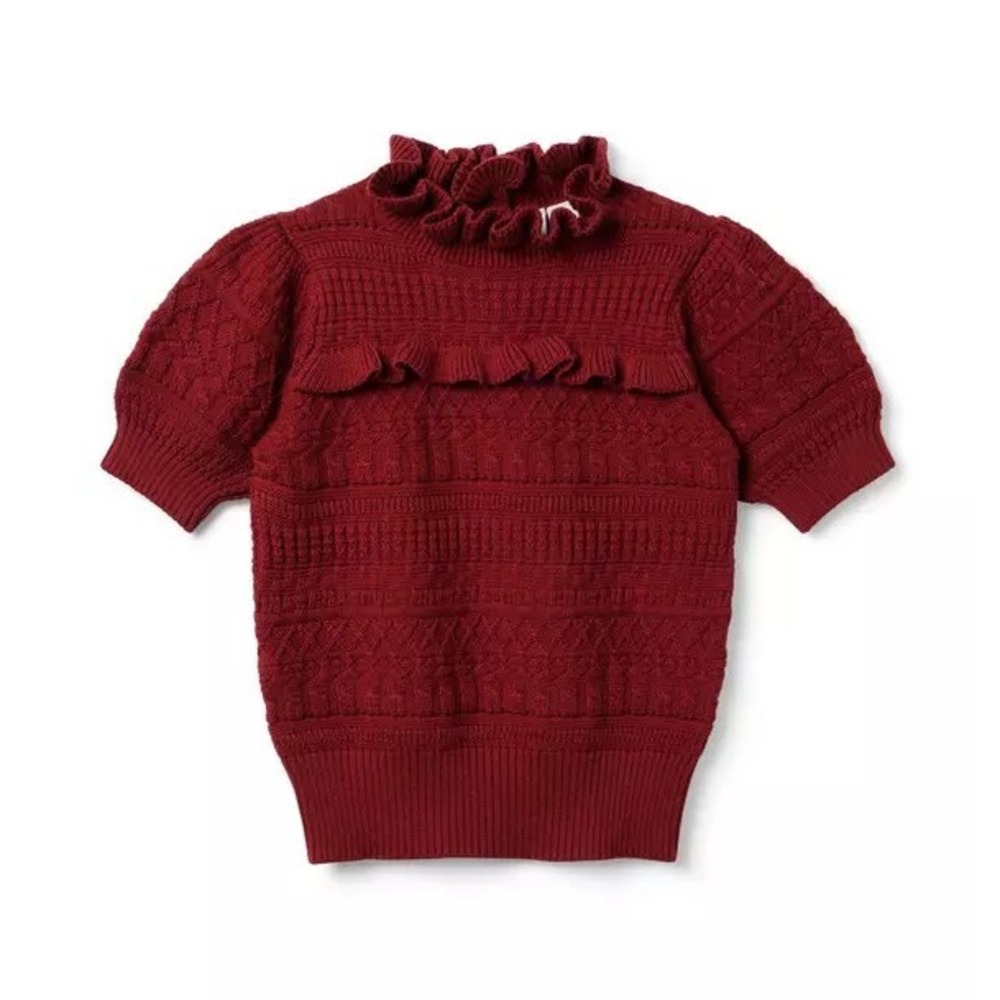 Janie And Jack Sweater Girls‎ 5 Red Ruffle Mock Neck Short Sleeve Knit Top
